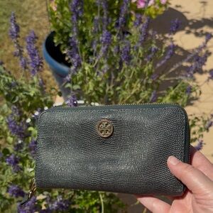 Tory Burch Teal Blue Lizard Embossed Leather Zip Around Continental Wallet